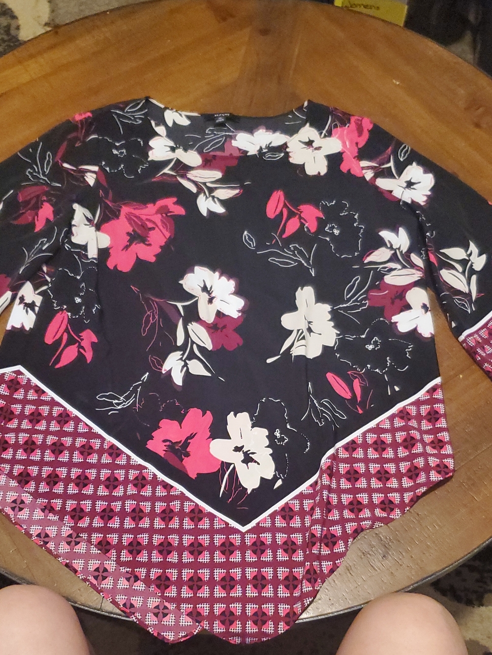 Alfani Black Floral Handkerchief-Hem Blouse with Pink & White Blooms